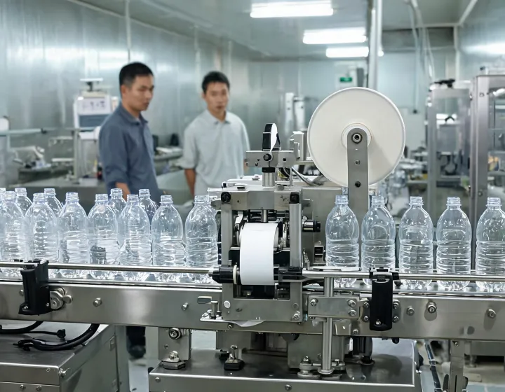 Pressure-sensitive labeling machine applying wrap labels to round bottles on a packaging conveyor